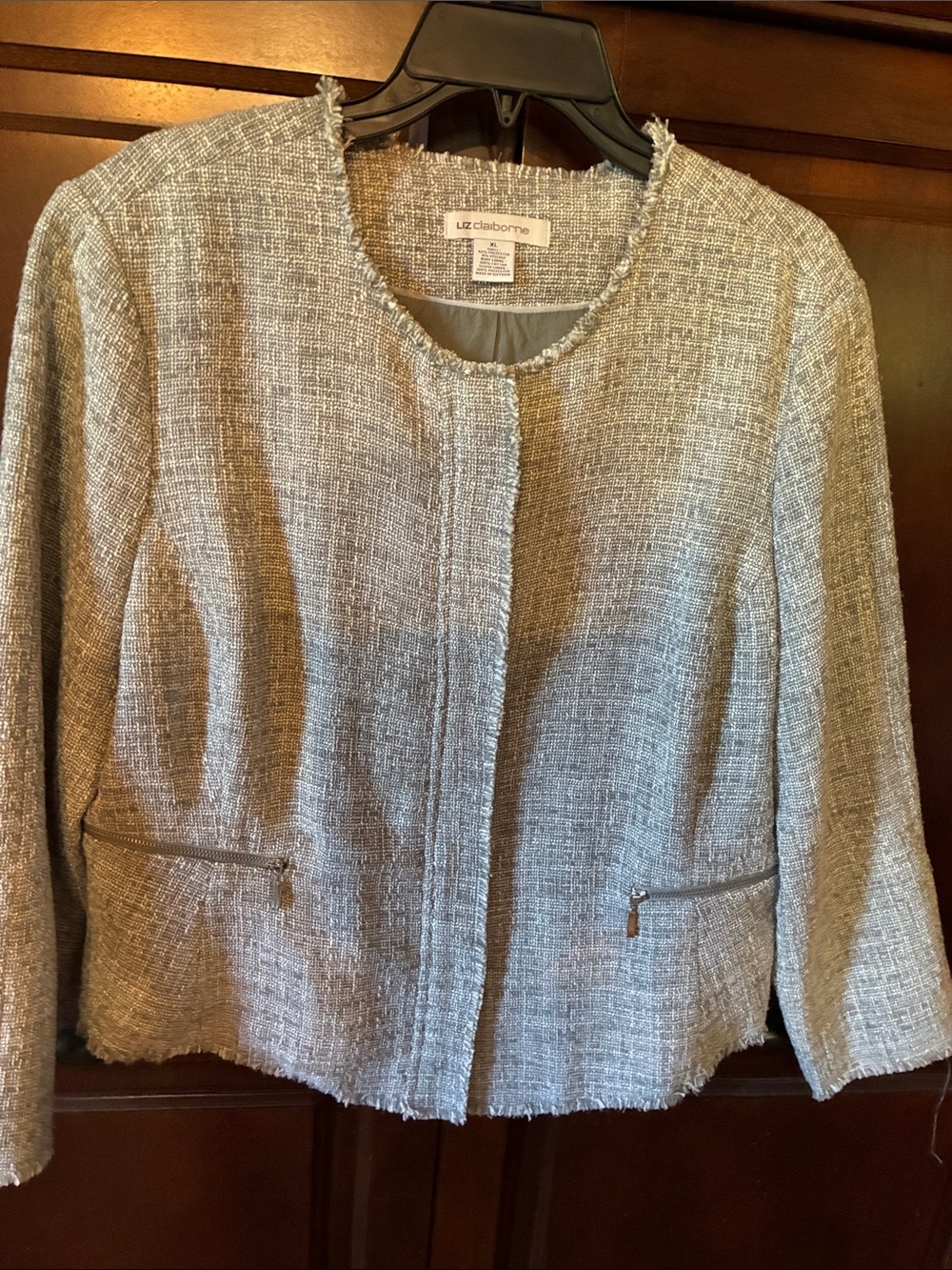 Liz Claiborne Silver Tweed Fringe-Trim Jacket